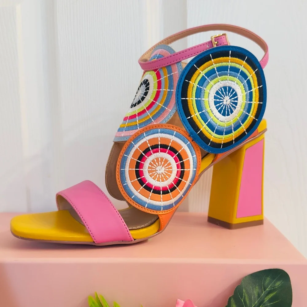 EXE ~ Colorful Sandals Circular Geometric Design Block Heel Ankle Strap size 40